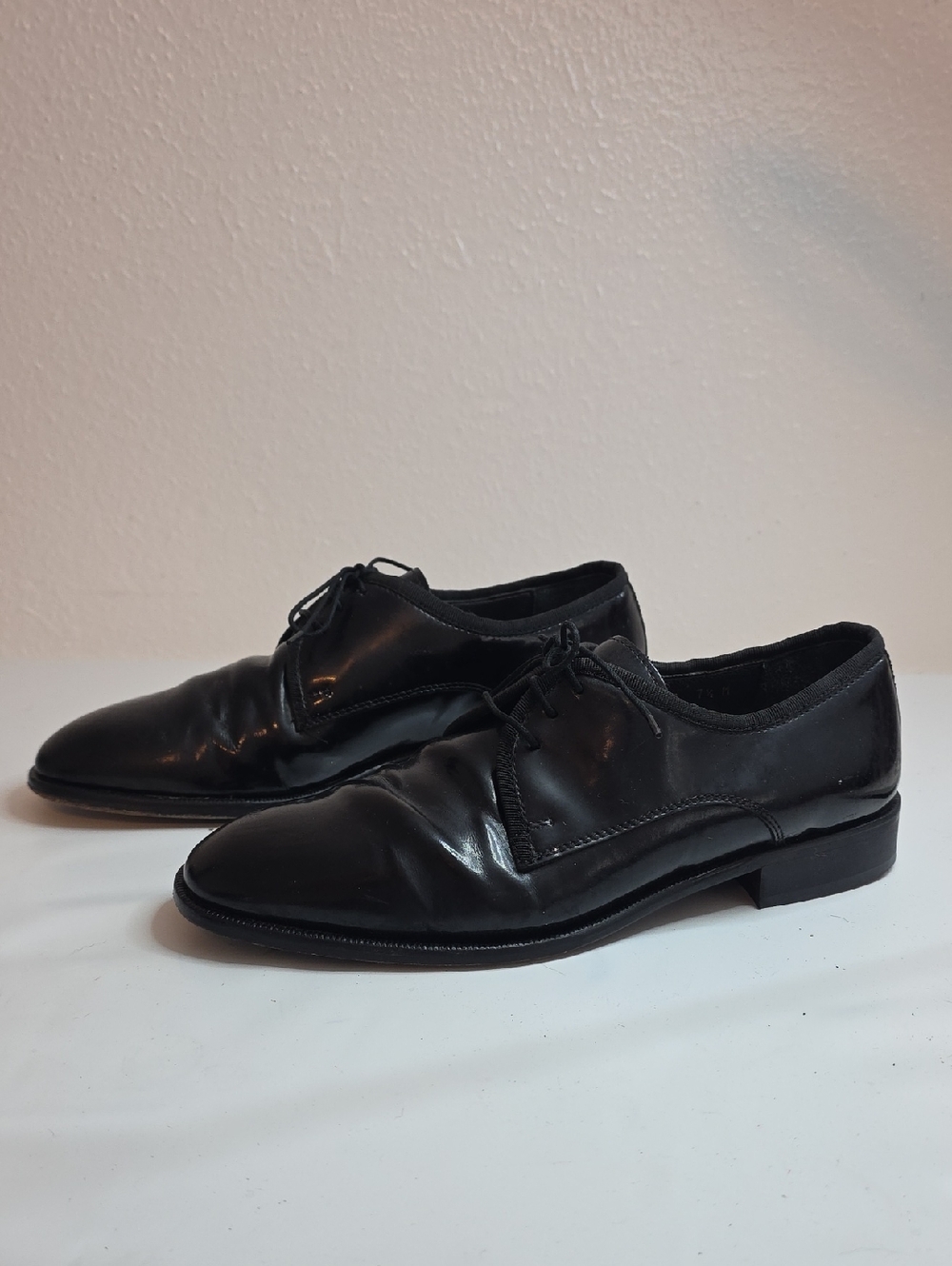 PRONTO UOMO PATENT LEATHER BLACK FORMAL DERBYS FIRENZE ITALY MENS 7.5 GUC